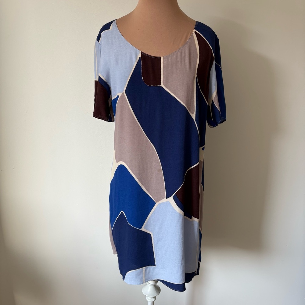 Aritzia Wilfred Free Teigan Geometric Print Blue Brown Short Sleeve Dress Size M
